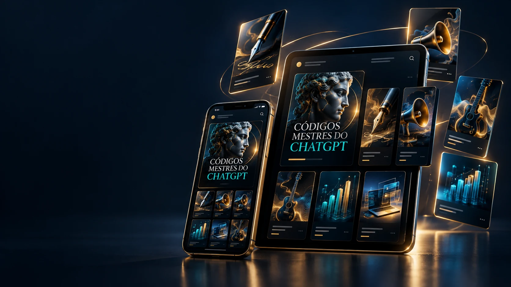 Ilustração da coleção Códigos Mestres em smartphone e tablet